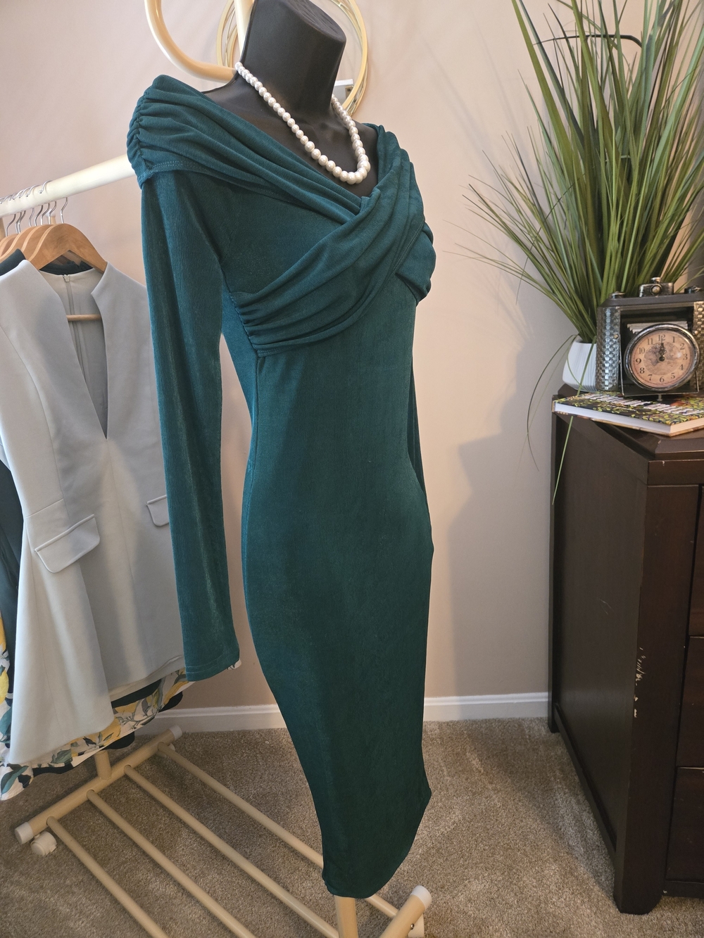 J. Brooks Emerald Off-Shoulder Long Sleeve Midi Dress - Picture 2 of 4
